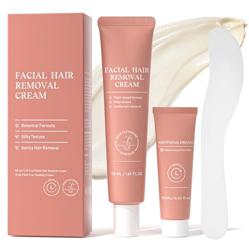Facial Hair Removal Cream for Women, 2-in-1 Gentle Face Hair Removal Cream with Soothing Cream, Depilatory Creams for Sensitive Skin, Face Chin Upper Lip Hair Remover for Smooth Soft Skin, 2.03 Fl Oz
