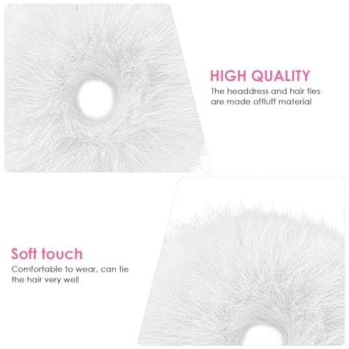 Lusofie 2Pcs White Pompom Hair Tie Furry Faux Rabbit Fur Fuzzy Scrunchies White Fuzzy Hair Ties Baby Hair Ties Ponytail Holders Pom Hair Accessories for Girl Women