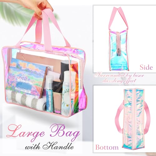 Sweetude 10 Pcs Large Clear Toiletry Bag Large Capacity Travel Iridescent Makeup Bag PVC Clear Plastic Tote Punch Cosmetic Clothes Organizer for Women Men(Pink)
