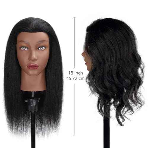 18" MQHIHI Mannequin Head Human Hair with Tripod Set, 100% Real Hair Cosmetology Manikin Doll Head for Hairdresser Practice Braiding with Tripod Set and Tools