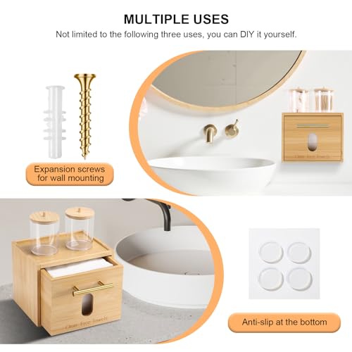 Disposable Face Towel Holder Bamboo Storage Box with 60 XL Towels, Cotton Balls Holders, Facial Towels Container Box with Drawer, Towel XL Organizer for Bathroom, Makeup Remover Dry Wipes Washcloths