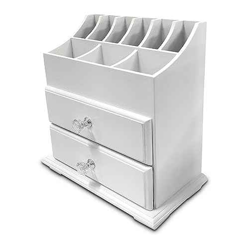 White Wood Cosmetics Organizer Makeup & Beauty Accessories Storage Rack with Drawers for Neat & Organize Storing of Makeup Tools Small Accessories at Home & Office Vanities & Bathroom Counter-top
