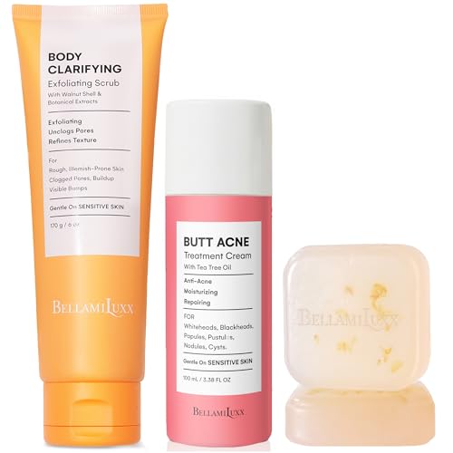 3-Step Butt Acne Clearing Routine: Cleanser Soap + Body Acne Scrub + Clearing Lotion for Breakouts on Butt, Thighs, Back, Clogged Pores & Rough Buttocks ? Exfoliate, Cleanse & Smooth