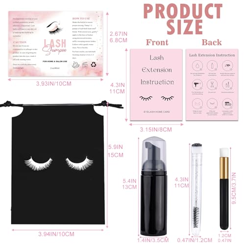 60PCS Lash Shampoo Bottles and Brushes Set, 10pcs Foam Pump Dispenser, Lash Cleaning Brush, Eyelash Extension Tube Brush, Instructions Cards, Bags, Lash Shampoo Stickers for Lash Business (B-black)