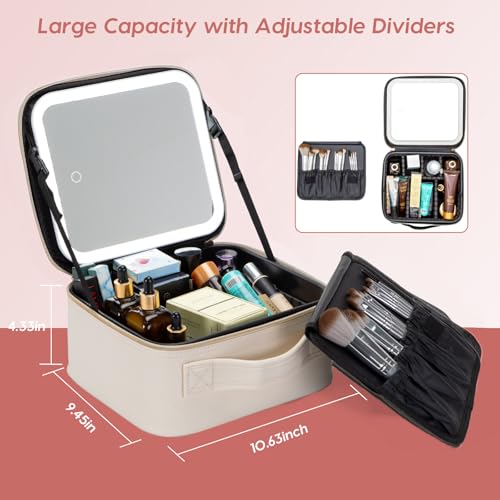 Makeup Bag with Mirror | Partitionable Professional Makeup Organizer | Large Travel Makeup Bag for Women | Cosmetic Case for Daily & On-the-Go Use (Ivory)