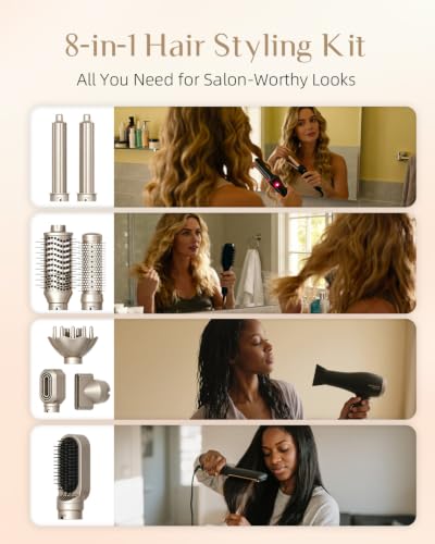 RUCHA 8 in 1 Hot Air Styler & Hair Dryer Brush - Champagne Gold