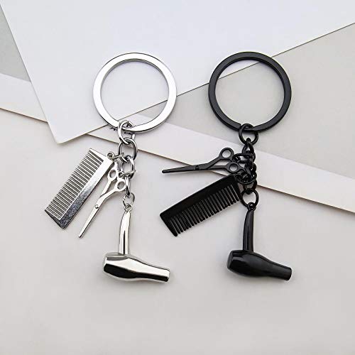 SING F LTD 2Pcs Hairdresser Hair Dryer Scissors Comb Charm Pendant Keyrings Keychains 3 In 1 Design Silver & Black for Hair Stylist Salon Owner Gift