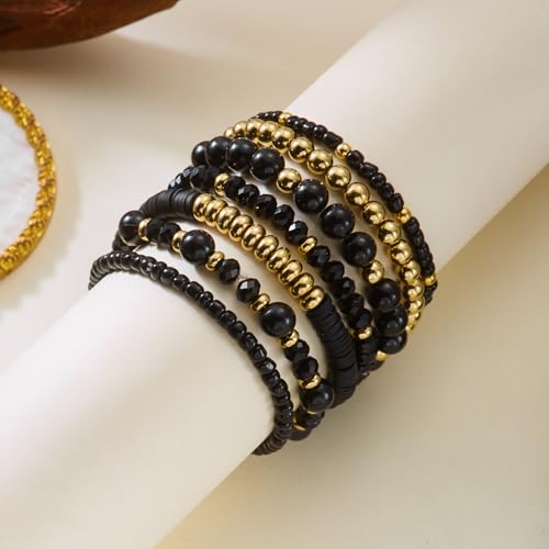 Bohemian Stackable Beaded Bracelets for Women - Black
