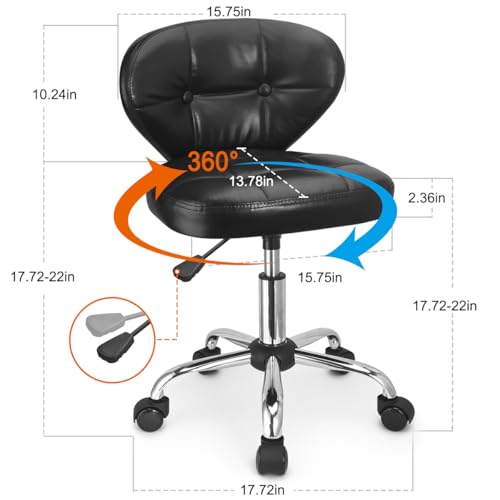 JOSTZHXIN Home Rolling Stool, PU Leather Rolling Chair with Back, Height Adjustable Swivel Chair for Teen Petite Adults,Black