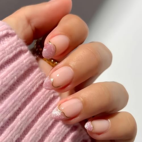 Gilded Pink Shimmer French Press On Nails 72-Piece Short Almond Cat Eye Tips Kit