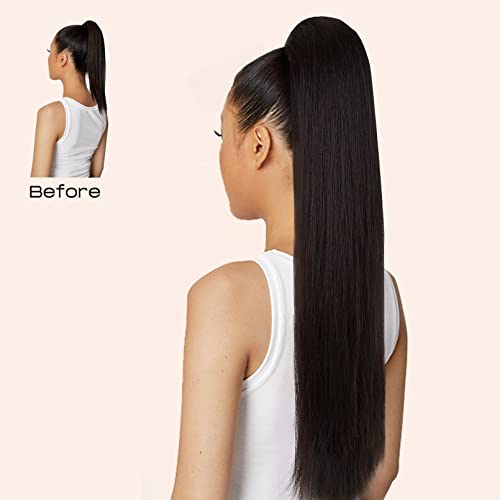 SEIKEA 28" Ponytail Extensions Drawstring Long Straight Fake Pony Tail Natural Soft Clip in Hair Extension Synthetic Heat Resistant Hairpiece - Black