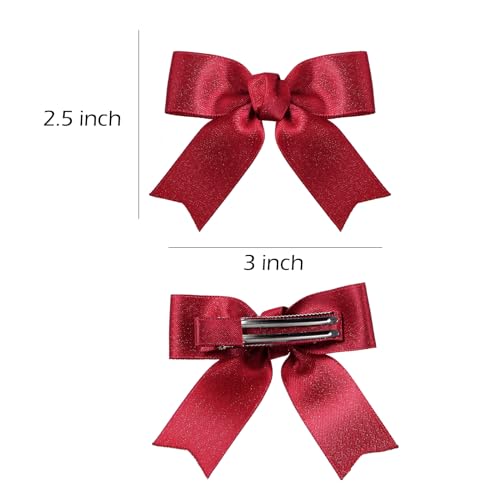 Dark Red Ribbon Hair Bow Clips 3" Shiny Glitter Stain Bowknot Alligator Barrettes Pins Sparkly Decor Accessory for Little Teen Toddler Baby Girls Kids Women Valentines Xmas Gift