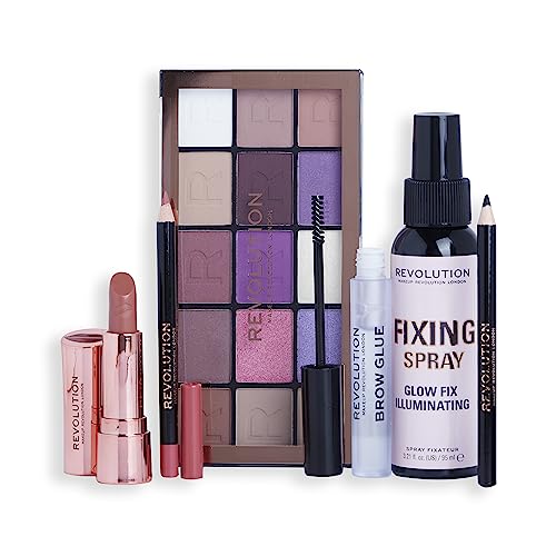 Makeup Revolution Get The Look Gift Set Smokey Icon, Eye Palette, Eyeliner, Lipstick, Brow Glue & Setting Spray Included, Various Shades