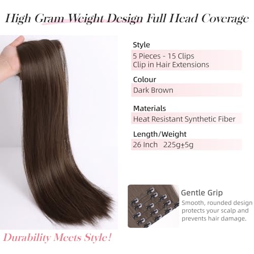 Dark Brown Clip-In Hair Extensions 26 Inch Synthetic 5Pcs