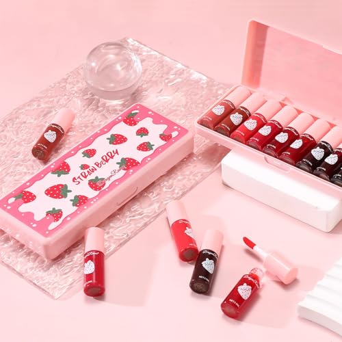 10 Pcs Lip Tint Set Cute Glossy Lip Stains and Matte Lipsticks with Long-lasting and Quick-drying Mini Lip Gloss Lipstick for Makeup Gift (Strawberry, Lip Gloss)