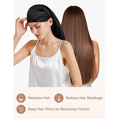 LilySilk Mulberry Silk Sleep Cap 100% 19 Momme Long Silk Bonnet for Curly Hair, Night Cap for Sleeping, Silk Hair Wrap for Women Black