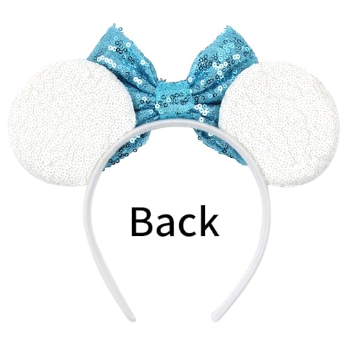 Bianbaistar Snowears Velvet Headband with Big Ears & Blue Bow - Winter Snowflake Sequin Accessory for Women & Kids