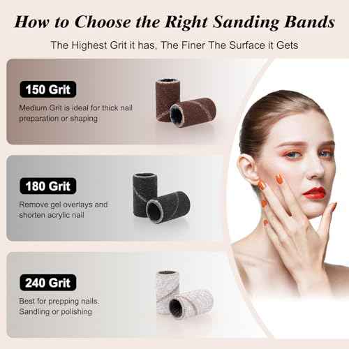 Sanding Bands for Nail Drill 300Pcs, w/ 7Pcs Nail Drill Bits, 150#180#240#Grit Nail Sanding Bands for Manicures Pedicures, Electric Nail File Bits