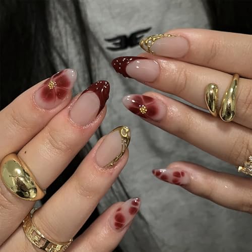 Red French Tip Press On Nails Medium Almond 24Pc
