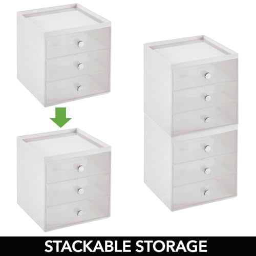 mDesign Plastic 3 Drawer Organizer for Makeup Storage - Large Stackable Makeup Organization and Storage Cube with Drawers for Bathroom, Vanity, Desk - Makeup Storage Drawers - Light Gray/Clear
