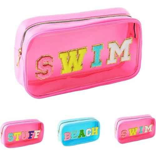 Swim Chenille Letter Makeup Bag,Waterproof Cute Women Clear Cosmetic Bags Sunscreen Organizer for Beach Pool Swimming Team Swimmers,Travel Toiletry SPF Zipper Pouches for Teen Girls (PINK-SWIM)