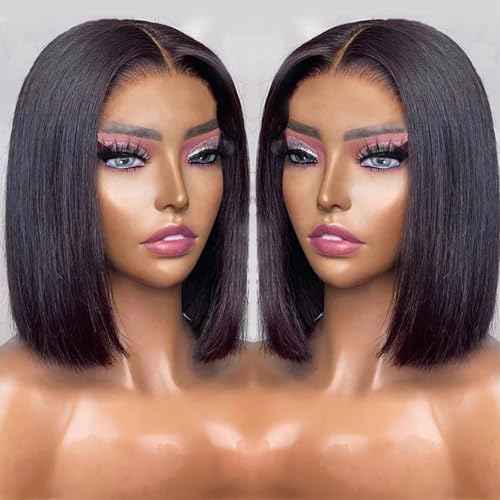 Nakkia 14 Inch Bob Wig Human Hair Pre Plucked Pre Cut HD Transparent Lace Front Wear and Go Glueless Wigs Human Hair for Black Women Short Straight 4x4 Closure Bob Wigs for Beginner