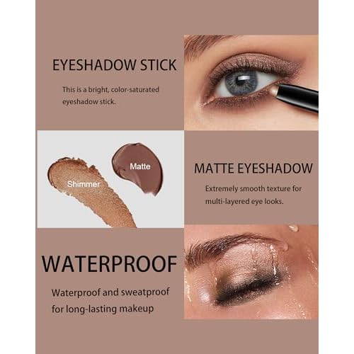 Eyeshadow Stick Waterproof, Cream to Powder Long Lasting Eye Shadow Stick Buildable& Blendable,Shimmer Matte Crayon Eyeshadows Pencil Eyes Highlighter Eyeliner Sticks Makeup,Vegan & Cruelty-Free-03