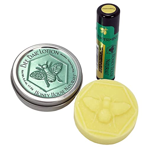 Honey House Naturals 2 Piece Gift Set, All Natural, Ultra Moisturizing Lotion Bar and Lip Butter Infused with Essential Oils, Made in USA (Lip Balm & Bee Bar, Peppermint) (Pack of 2)