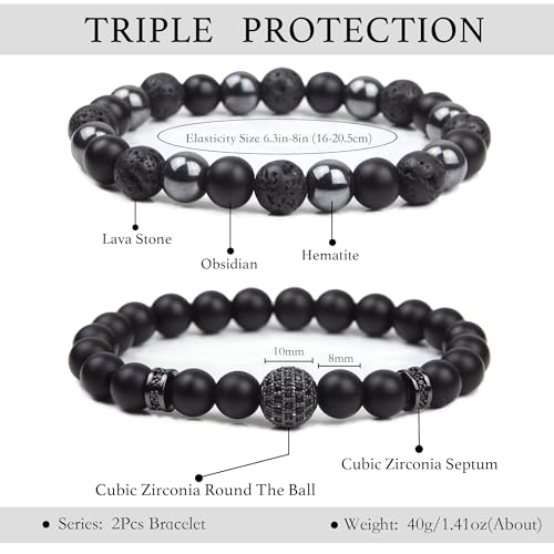 Black Obsidian Bracelet - Cubic Zirconia Bracelet - Tourmaline Beaded Bracelets, 8MM Black Onyx Hematite Lava Stone Beads Triple Protection Bracelet for Men Women Gifts