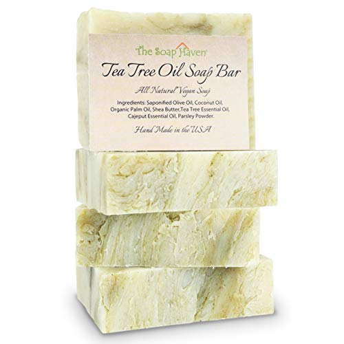 TEA TREE SOAP BAR - 4 Natural Tea Tree Oil Soap Bars for Face, Hand, Foot, Body Wash - Fights Blemishes, Itch, Body Odor. 4 Large 4.5 oz Bars, Handmade in USA with Non-GMO Ingredients