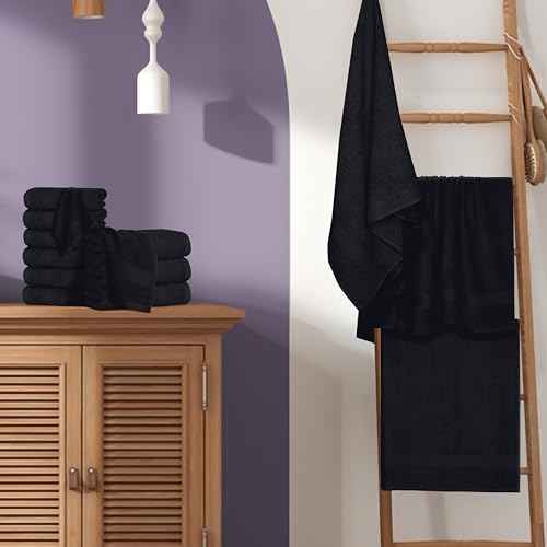 BOUTIQUO 24 Pack Cotton Towel Set, Contains 6 Bath Towels 27x54 inch, 6 Hand Towels 16x24 inch & 12 Wash Coths 12x12 inch, Ideal Everyday use, Ultra Soft Compact & Lightweight - Black