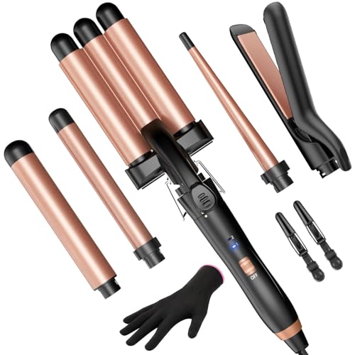 5-in-1 Curling Iron Set with Flat Iron and Hair Waver - Rose Gold