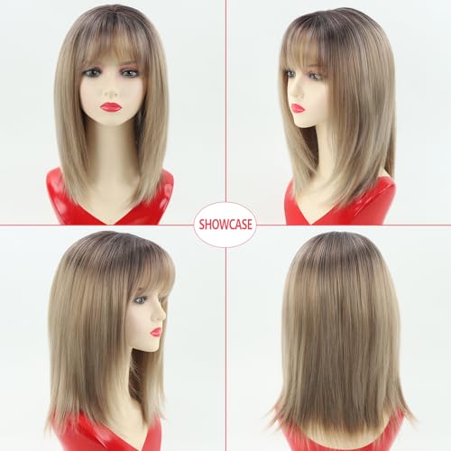 Ombre Blonde Bob Wig with Bangs 14" Layered Straight Synthetic