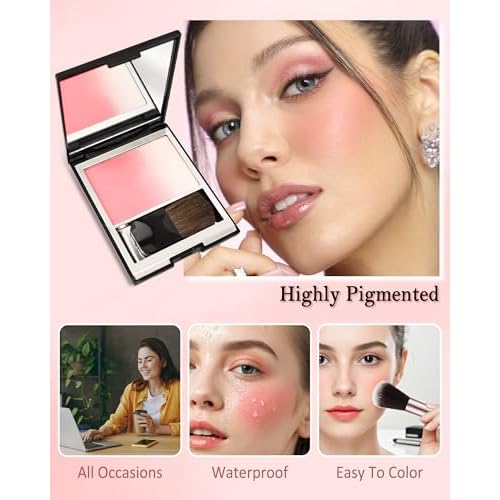 Blush Powder for Cheeks,Gradual Shimmer Pink Blusher Palette with Brush,Lightweight Buildable Color Blush Hightlighter Powder,Longlasting Waterproof Facial Makeup,Women's Day Gift for Women Girl-05#