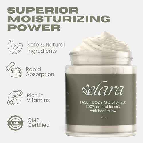 Elara Beef Tallow For Skin - Whipped Tallow Balm For Face And Body - 100% Grass-Fed Tallow Skin Balm With Marula And Sweet Almond Oil - 4 Fl. Oz. - Lavender