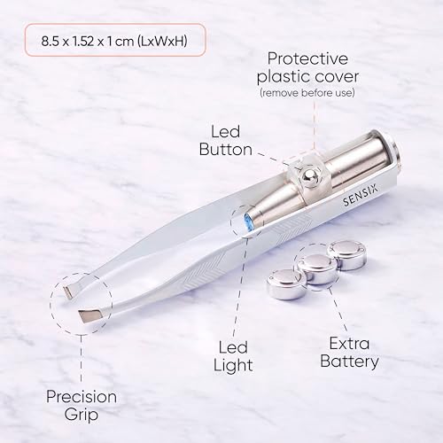 Sensica Eyebrow Tweezers with Light ? LED Lighted Tweezers for Women Facial Hair ? Precision Eyebrow Plucking Slant Tip Stainless Steel Tweezer with Long Arms & 3 Extra Batteries