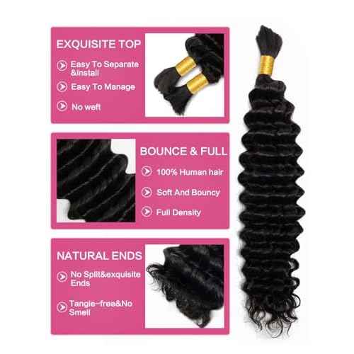 Human Braiding Hair 1 Bundles/Pack 100g 22 Inch Deep Wave Curly Bulk 100% Human Hair for Braiding No Weft 10A Brazilian Virgin Human Hair Extensions for Boho Braids Natural Black Wet and Wavy