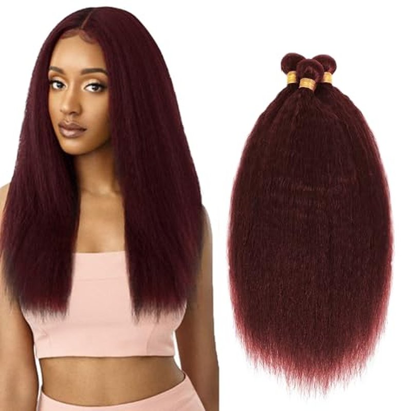 #99J Burgundy Yaki Straight Hair Bundles 24 26 28 Inch