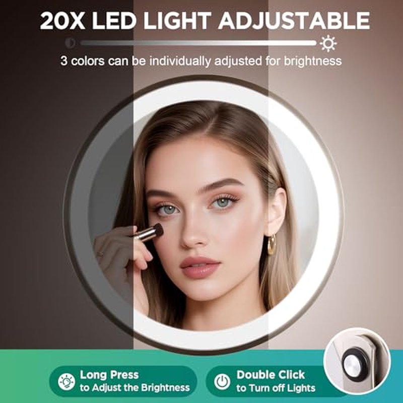 20x Magnifying Mirror with Light, 5000mAh Lighted Makeup Mirror with 3 Color Modes and Adjustable Brightness, Side Charging Port & SideTouch Sensor, 360¡Æ Rotation -Brushed Nickel