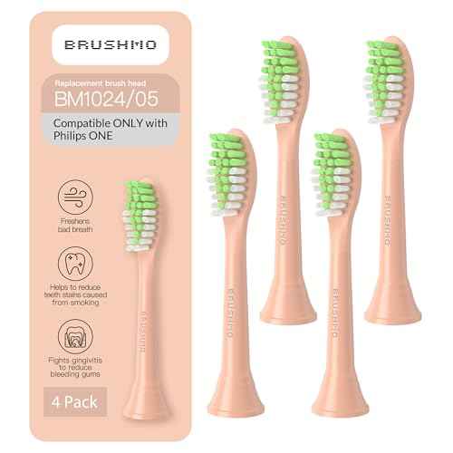 Brushmo Replacement Toothbrush Heads, Compatible with Philips One for Sonicare Electric Toothbrush Handles HY1022, 4 Standard Heads with Tongue Cleaner, Soft DuPontBristles, BM124m, Shimmer