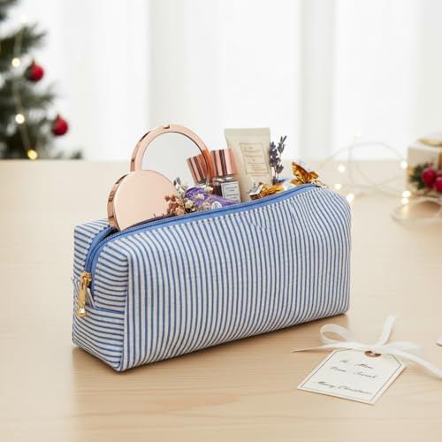 12 PACK Makeup Bags Bulk-Easter Gifts/Seersucker Bulk Cosmetic Bags/Bridesmaid Proposal Gifts/Makeup Pouch for Wedding Party Favors Birthday/Teacher/Mothers Day Gifts/Toiletry Travel Bags(12, Blue)