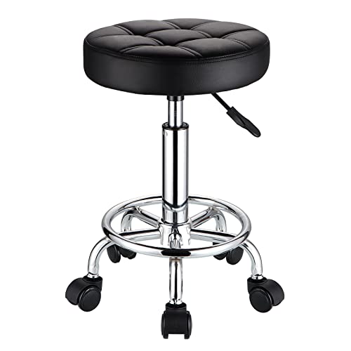 Height Adjustable Rolling Stool with Wheels - PU Leather