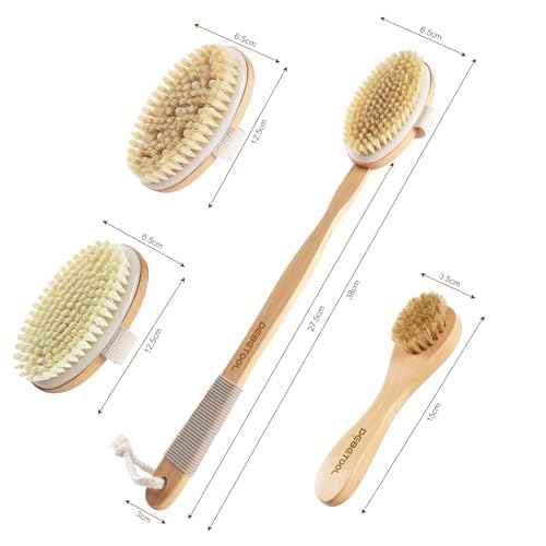 Dry Brushing Set - Natural Boar Bristle Body & Face Brush, Wooden Long Handle Scrub Brush for Cellulite & Lymphatic Drainage Body Care, Detachable, 3 Brush Heads