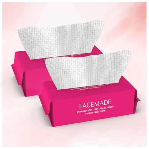 FACEMADE 100 Count (2 Packs) Disposable Face Towels, Ultra Thick Face Towelettes Disposable, Clean Facial Towels for Makeup Remover, Skincare, USDA Certified 100% Biobased