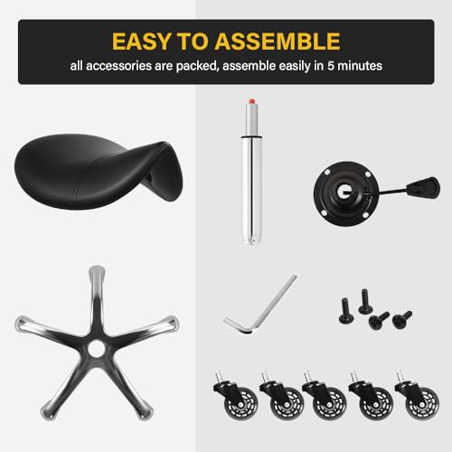 Heavy Duty Saddle Rolling Stool with Wheels Hydraulic Swivel Adjustable Rolling Stool Ergonomic Thick Leather Seat Chair for Kitchen Drafting Lab Office Salon Massage ? Black