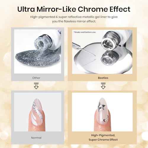 Beetles Gel Liner Nail Polish Set 10ml, 4 Pcs Nail Art Liner Gold Glitter Silver Black White Gel Polish Kit, 3D Mirror Gel Painted Glossy Swirl French Chrome Effect Nail Design Gift for Women