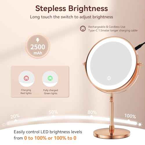 Nicesail 1X/10X Magnifying Mirror with 3 Color Dimmable Lighting, Makeup Mirrors Light up and Magnified with 360 Rotation for Table, Rose Gold(8 Inch, 10X Magnification)