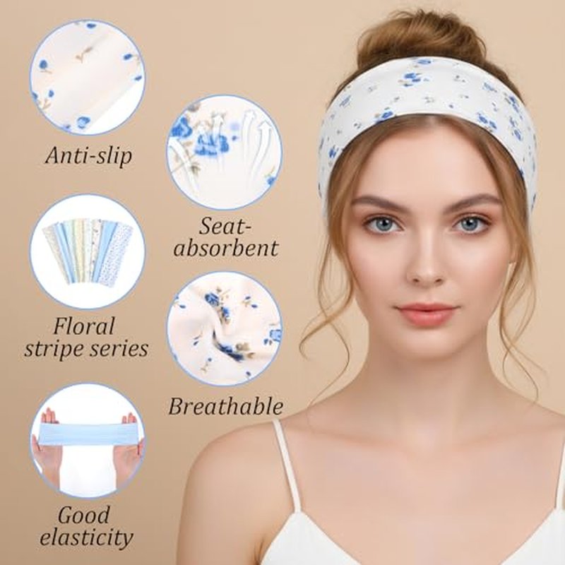 8-Pack Floral Headbands for Women - Soft Non-Slip Hairbands