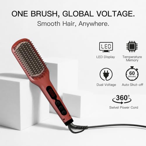 MEGAWISE Red Ceramic Ionic Hair Straightener Brush Dual Voltage with LCD Temp Control