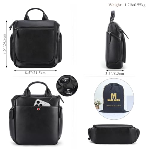 Masa Kawa Black Leather Travel Hanging Toiletry Bag for Men – Large